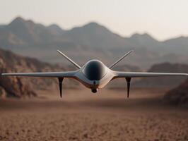 futuristic drone flying over desert landscape photo