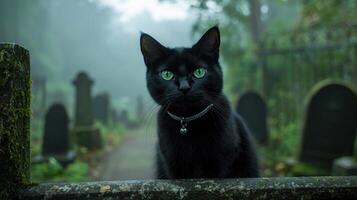 Mysterious black cat in a haunting forest setting photo