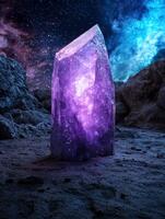 Glowing crystal monolith in cosmic landscape photo