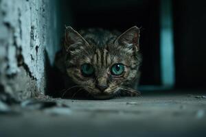 Curious cat peering from dark corner photo