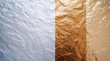 Contrasting textures of crumpled silver foil and shimmering gold leaf photo
