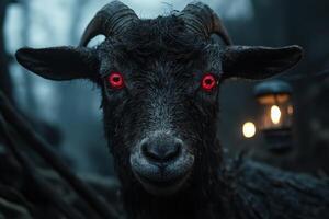 Close up of a black goat with red eyes in a dark, moody setting photo