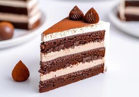 Delicious chocolate cake slice with cream topping photo