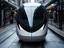 Sleek and modern high speed train on urban railway photo