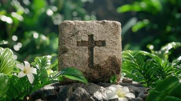 Cross on a stone in a lush green garden photo