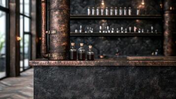 Vintage Apothecary Bottles and Jars in a Rustic Bar Setting photo