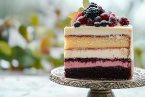 Delicious layered cake with fresh berries photo