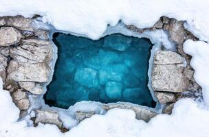 Frozen turquoise pool surrounded by snowy rocks photo