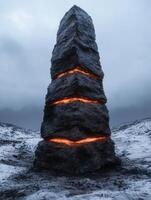 Mysterious glowing rock formation in snowy landscape photo