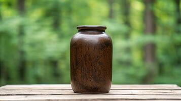 Rustic ceramic vase on wooden table photo