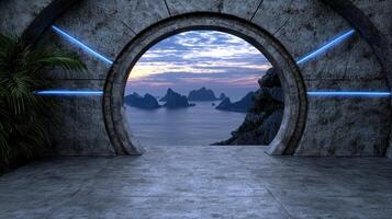 Serene island landscape through arched portal photo
