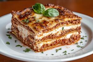 delicious homemade lasagna with basil garnish photo