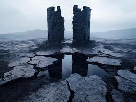 Mysterious stone towers rising from a cracked, reflective surface photo
