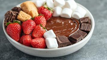 Delicious chocolate fondue with fresh strawberries and marshmallows photo