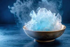 Mystical ice crystals in a bowl with steam photo