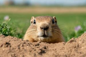 Close up of a curious ground squirrel peeking out from its burrow photo