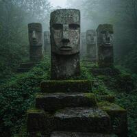 Mysterious moai statues in misty forest photo