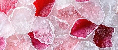 Frozen red flowers and ice crystals photo