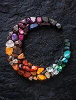 Colorful gemstones arranged in a circular pattern on a dark slate background photo