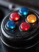 Colorful illuminated buttons on a black control panel photo