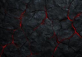 Cracked lava rock surface with glowing red veins photo