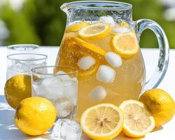 Refreshing homemade lemonade with fresh lemon slices and ice cubes photo