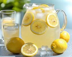 refreshing lemonade pitcher with ice and lemons photo