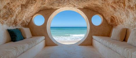 Cozy beachside cave with panoramic ocean view photo