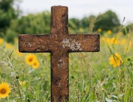 Weathered wooden cross in a field of flowers photo
