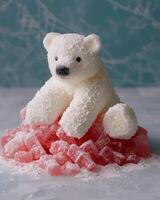 Cute plush polar bear on red candy cubes photo