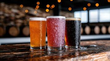Assortment of colorful craft beers on a wooden table photo