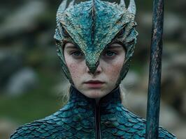 mysterious fantasy creature with blue scales and piercing eyes photo
