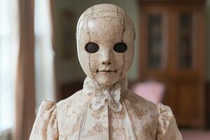 Creepy vintage doll with cracked porcelain face and lace dress photo