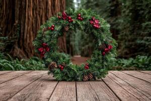 festive christmas wreath with pine cones and red bows photo