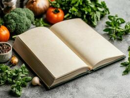 open cookbook with fresh vegetables photo