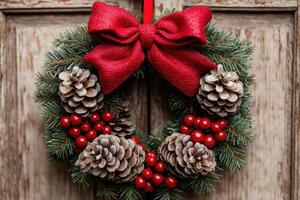 Festive Christmas wreath with red bow and pine cones photo