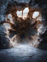 Dramatic underground cave with glowing cracks photo