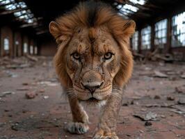 Powerful lion with intense gaze in abandoned building photo