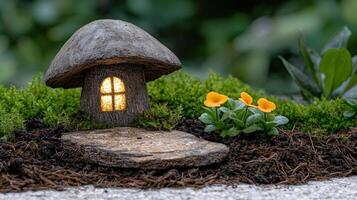 Glowing mushroom house in enchanted forest photo