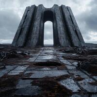 Mysterious ancient stone archway in desolate landscape photo