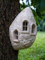 Fairy house carved into tree trunk photo