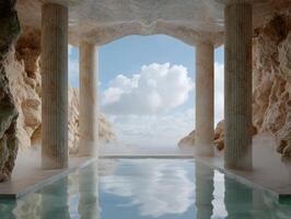 Serene pool with ancient columns and scenic mountain view photo