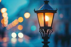 Glowing street lamp at night with blurred lights in the background photo