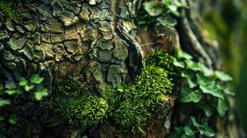Lush green moss and bark on a tree trunk in the forest photo
