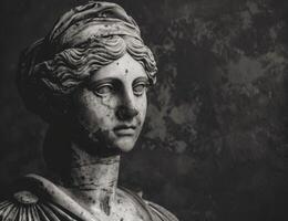 Weathered ancient statue in black and white photo