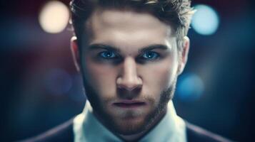 Intense gaze of a serious man with blue eyes photo