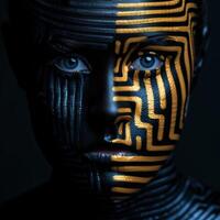 mysterious ancient egyptian face with striking blue eyes and golden tribal markings photo