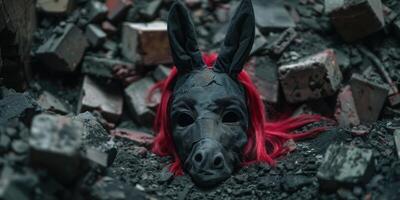 Creepy rabbit mask in dark, grungy environment photo