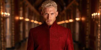 Handsome man in a red coat photo