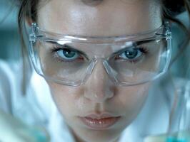 Serious scientist in protective eyewear photo